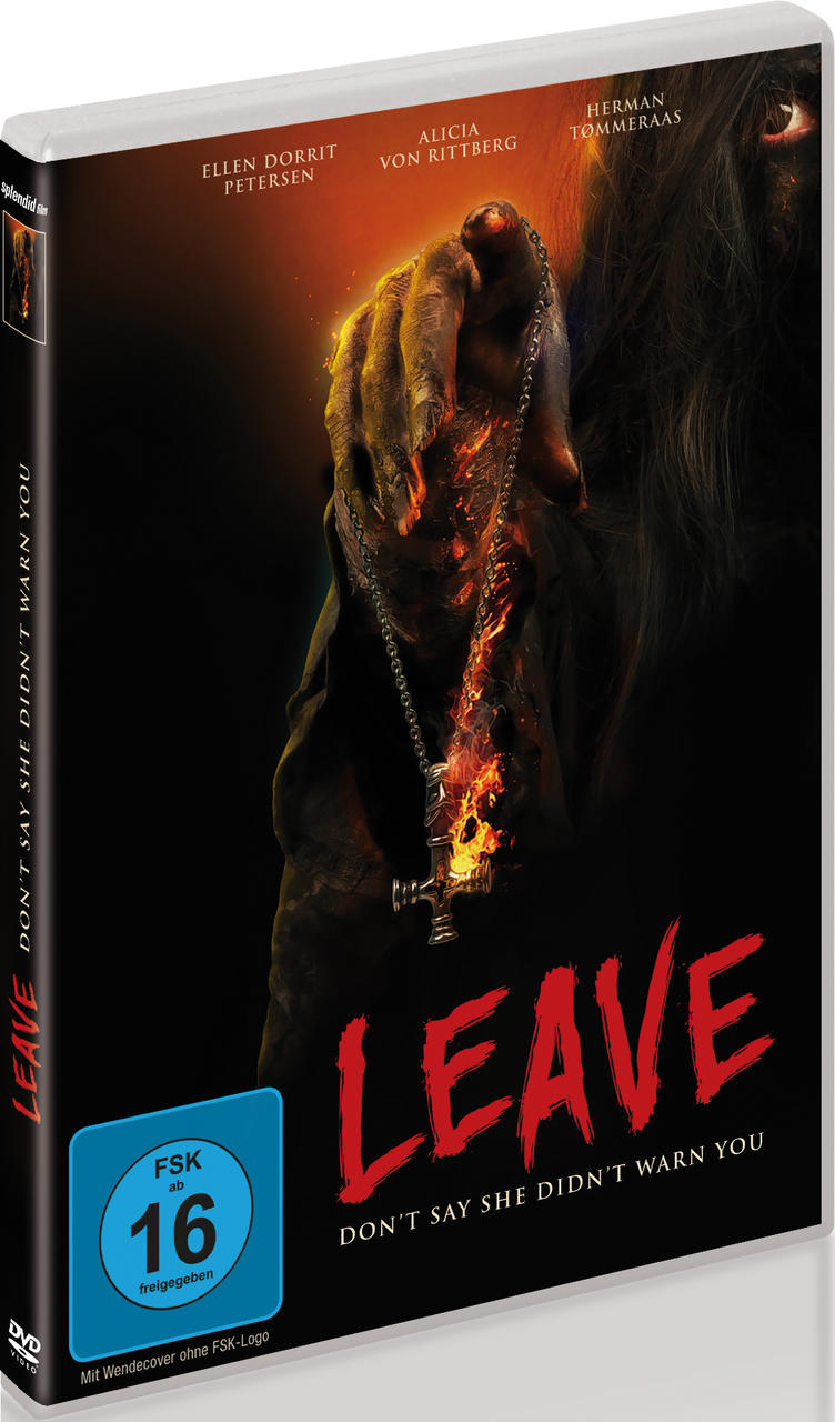 Ein DVD-Cover mit einer Frau, die ein Kreuz hält, der Titel 'Leave' wird angezeigt.