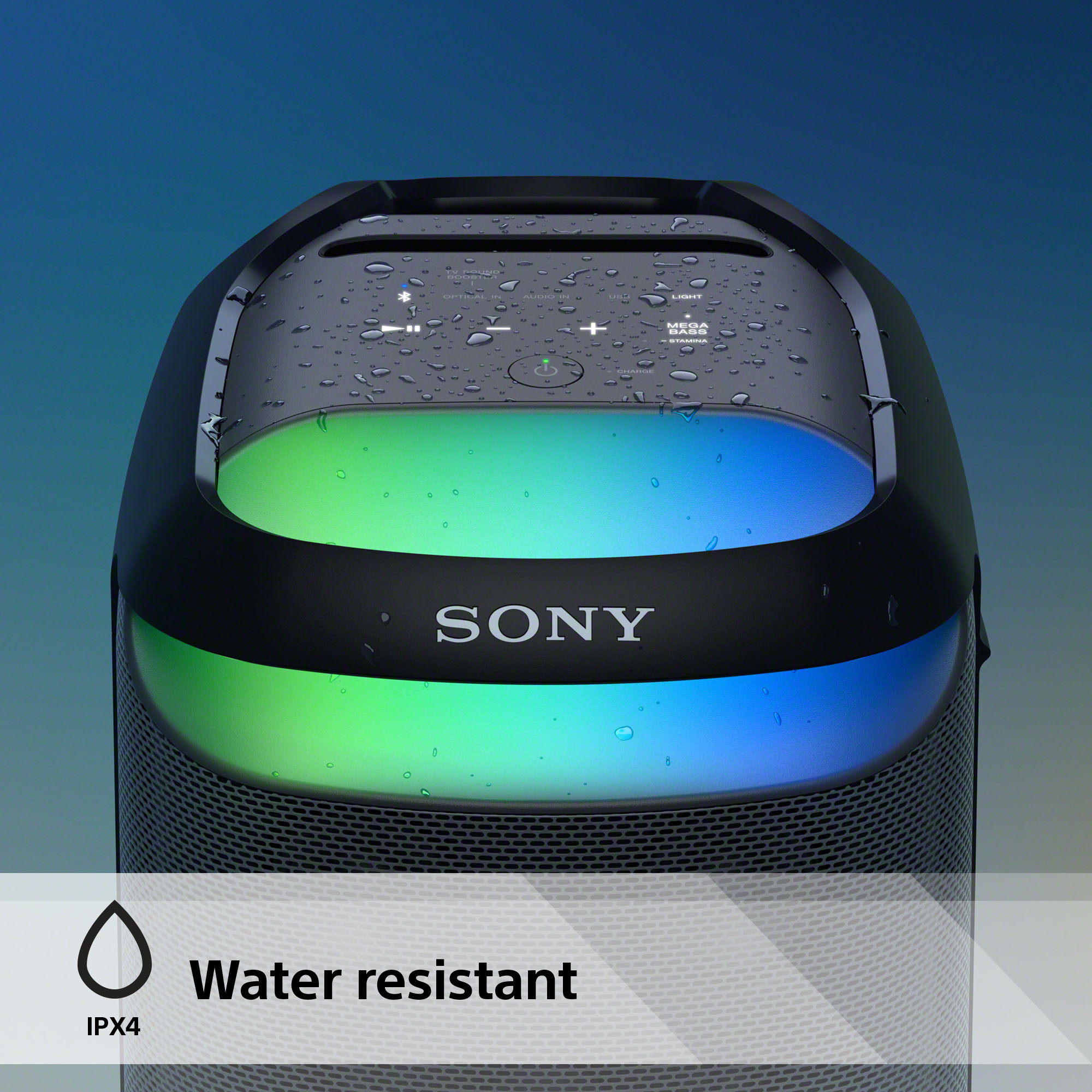 Altoparlante nero con luci colorate e il testo 'Resistente all'acqua'.