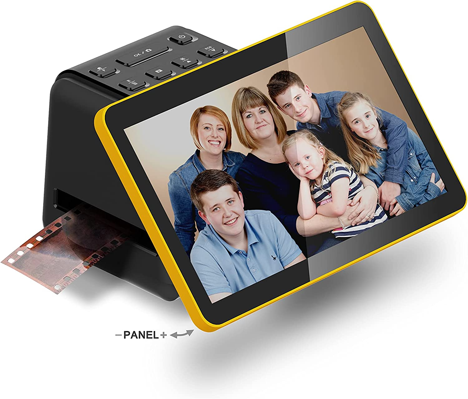 Un scanner photo avec une photo de famille sur son écran et une bande de film à côté.