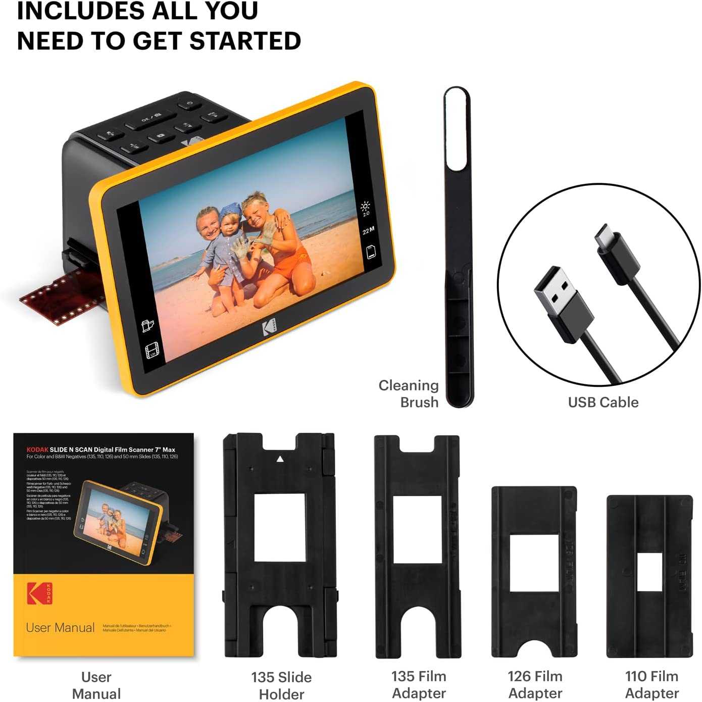 Un scanner avec un écran, des diapositives de film et des accessoires, pour numériser des photos.