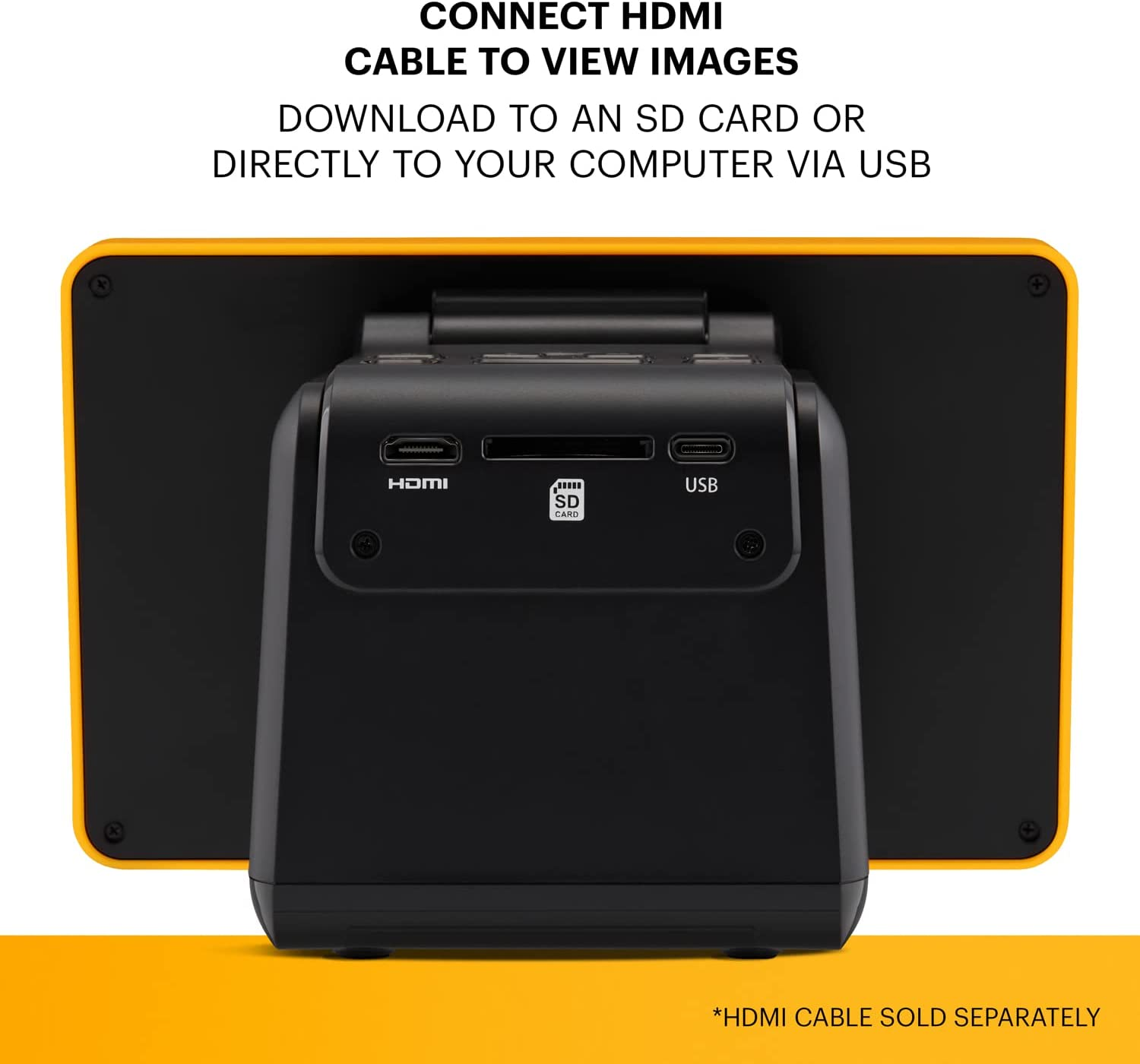 L'arrière d'un appareil avec des ports HDMI, SD et USB, avec du texte au-dessus.