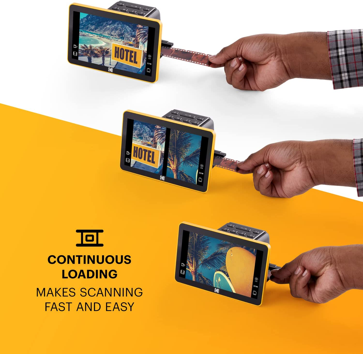 Personne chargeant un film dans un scanner de film, avec texte : "Continuous loading makes scanning fast and easy".