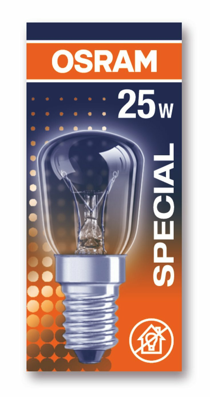 Żarówka w kolorowym opakowaniu z marką OSRAM i mocą 25W napisaną na nim.