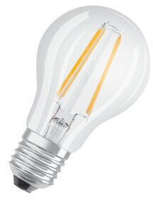 Przezroczysta żarówka z widocznym żarnikiem, białe tło.