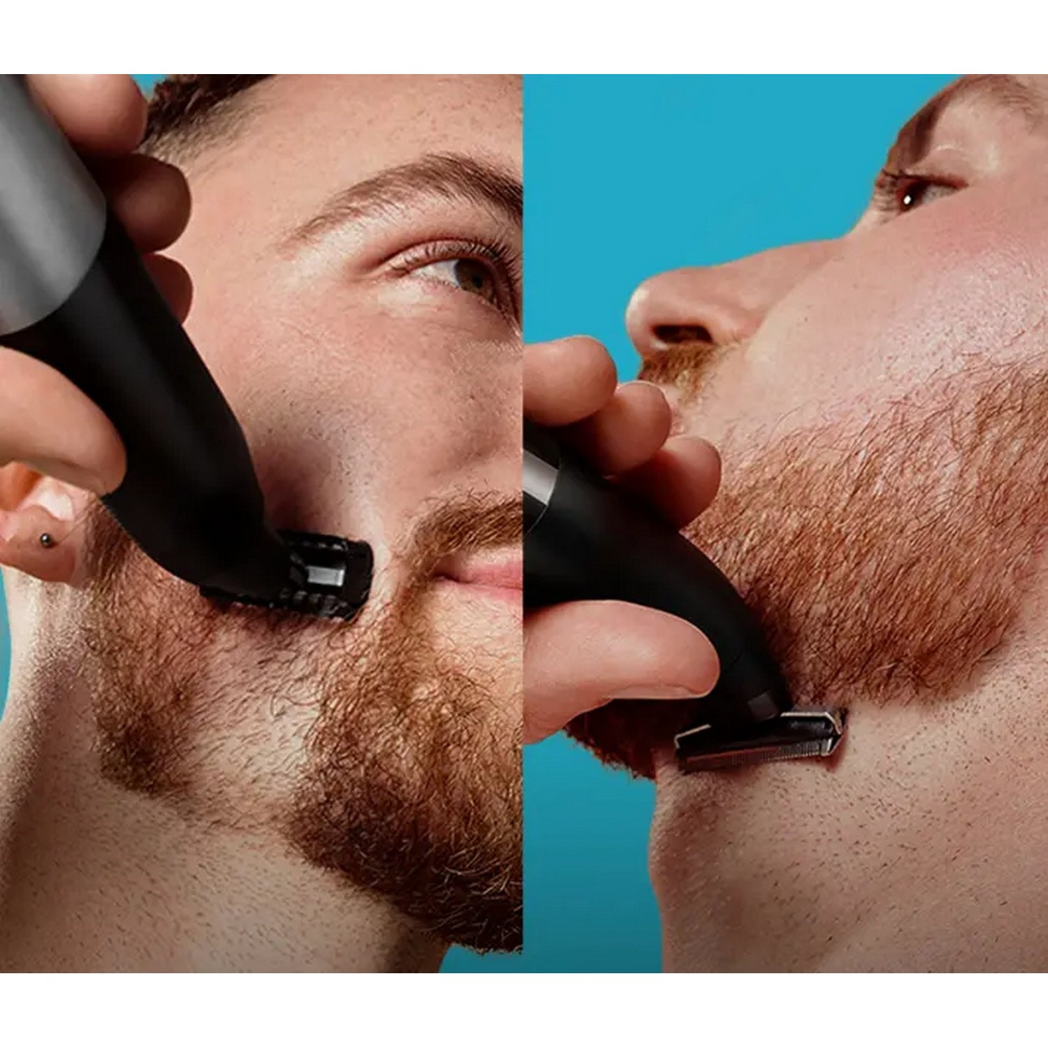 Deux hommes taillant leur barbe avec une tondeuse noire, démontrant différents styles de coupe.