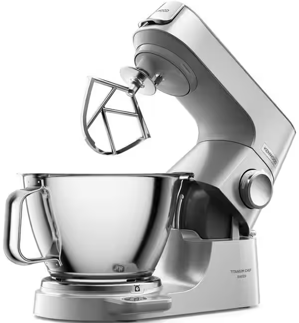 Un mixer Kenwood argentato con ciotola e accessori.