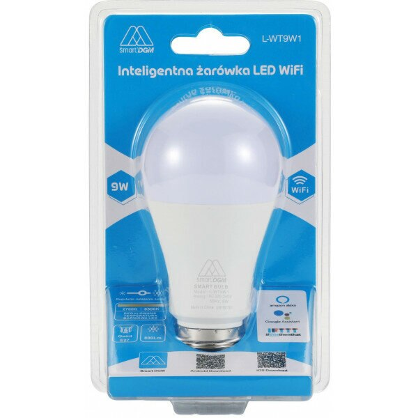 Inteligentna żarówka LED 9W z łącznością WiFi w opakowaniu blistrowym.