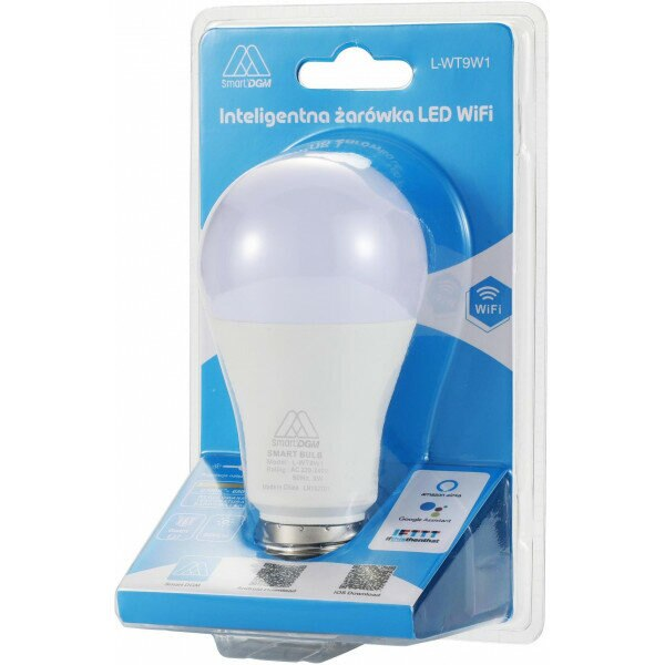 Zapakowana biała inteligentna żarówka LED z logo WiFi i nazwą marki.