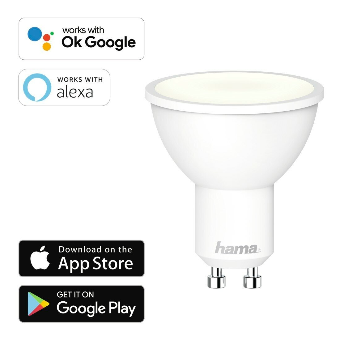 Biała żarówka Hama z logo App Store i Google Play, kompatybilna z Ok Google i Alexa.