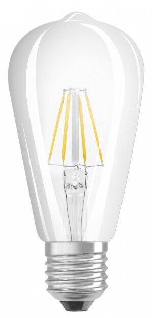 Przezroczysta żarówka w stylu Edisona ze srebrną podstawą i żółtymi żarnikami.