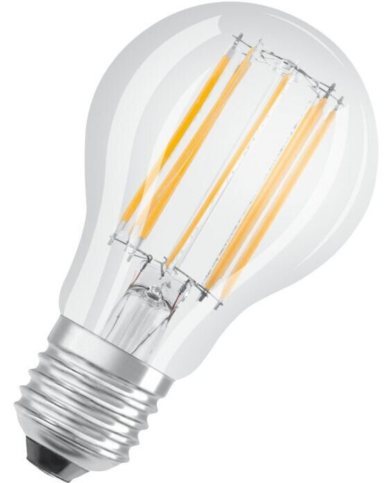 Przezroczysta żarówka z pomarańczowymi włóknami i srebrną podstawą, widok z boku.