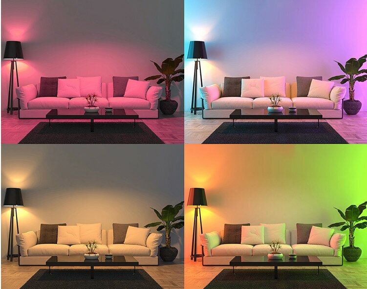 Salon z kanapą, stołem i lampą, oświetlony czterema różnymi schematami kolorów.