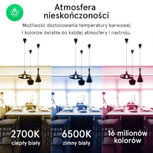 Trzy rzędy lamp wiszących o różnych temperaturach barwowych: ciepła biel, zimna biel i kolory.