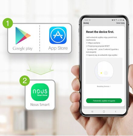 Ekran telefonu z instrukcjami resetowania urządzenia inteligentnego, z ikonami aplikacji.