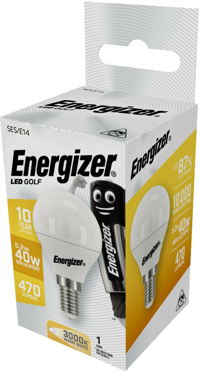 Pudełko żarówki Energizer LED Golf z żarówką i postacią z kreskówki baterii.