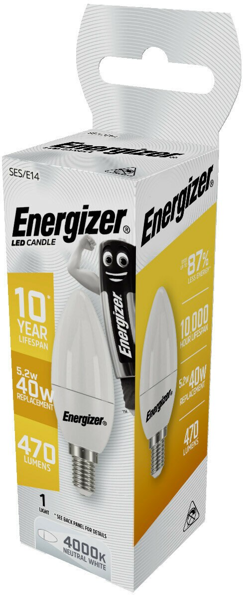 Opakowanie żarówki LED świecy Energizer, 5.2W, zamiennik 40W, 470 lumenów.