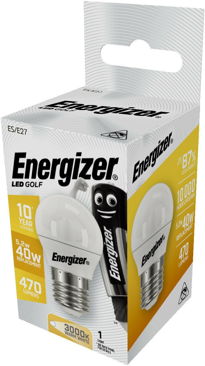 Pudełko żarówek Energizer LED Golf, pokazujące żarówki i specyfikacje, z logo Energizer.