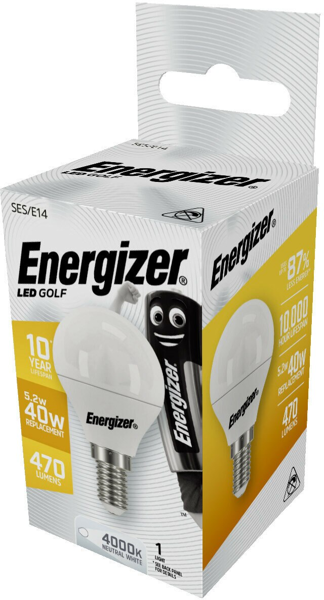 Żarówki Energizer LED golf w pudełku, ze specyfikacjami i marką.