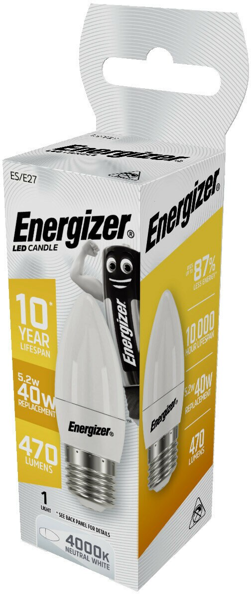 Żarówka świecowa LED Energizer w opakowaniu. Pokazuje cechy, obraz żarówki i markę.