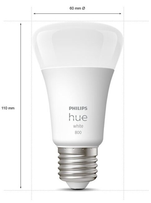 Żarówka Philips Hue white z wymiarami, pokazująca średnicę 60 mm i wysokość 110 mm.