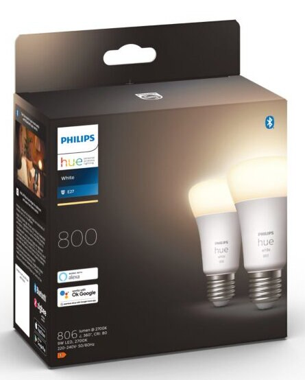 Pudełko żarówek Philips Hue z danymi produktu.