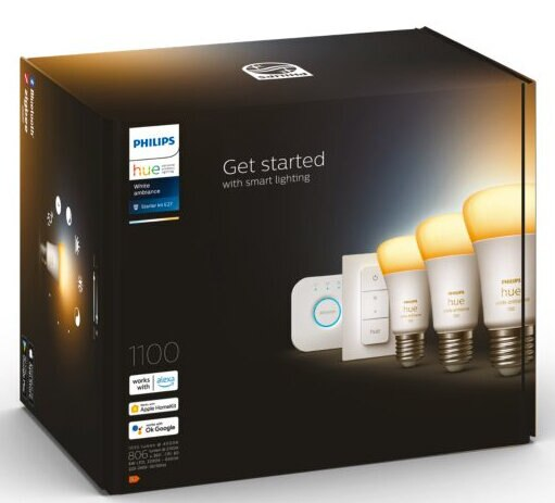 Pudełko oświetlenia inteligentnego Philips Hue z żarówkami, koncentratorem i ściemniaczem.