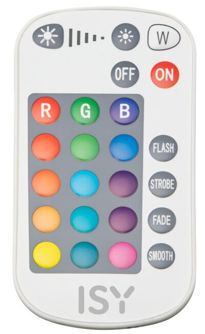 Biały pilot z kolorowymi przyciskami i tekstem.