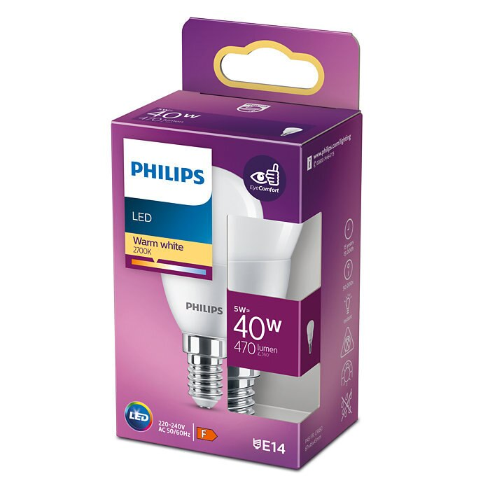 Żarówka LED Philips w pudełku, prezentująca żarówkę i szczegóły produktu.