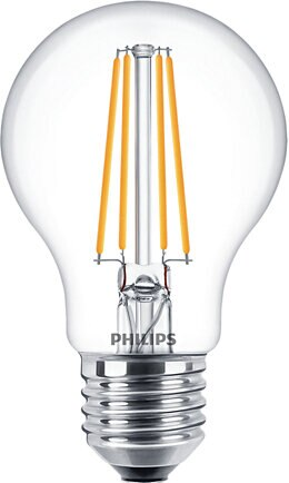 Przezroczysta żarówka LED Philips, złote włókna, metalowa podstawa.