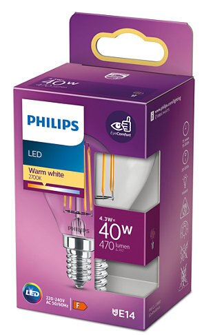 Pudełko żarówki LED Philips, fioletowo-białe, z widoczną żarówką, pokazujące 40W i 470 lumenów.