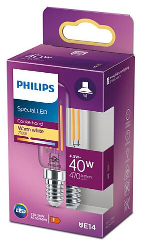 Żarówka LED Philips 40W w fioletowym pudełku. Żarówka jest widoczna i ma ciepłe białe światło.