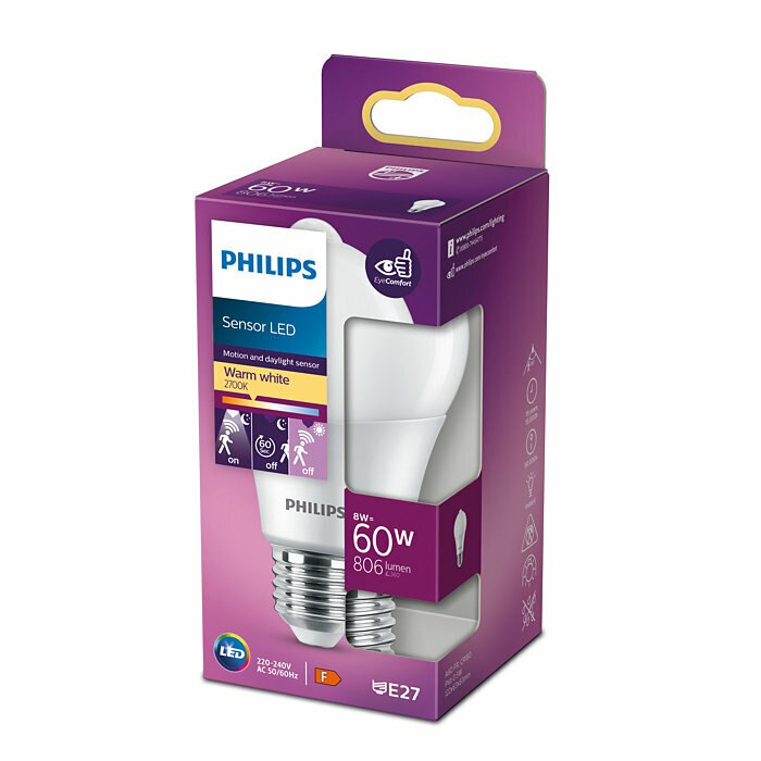 Żarówka LED Philips w fioletowo-białym pudełku. Pudełko ma tekst i obrazy.