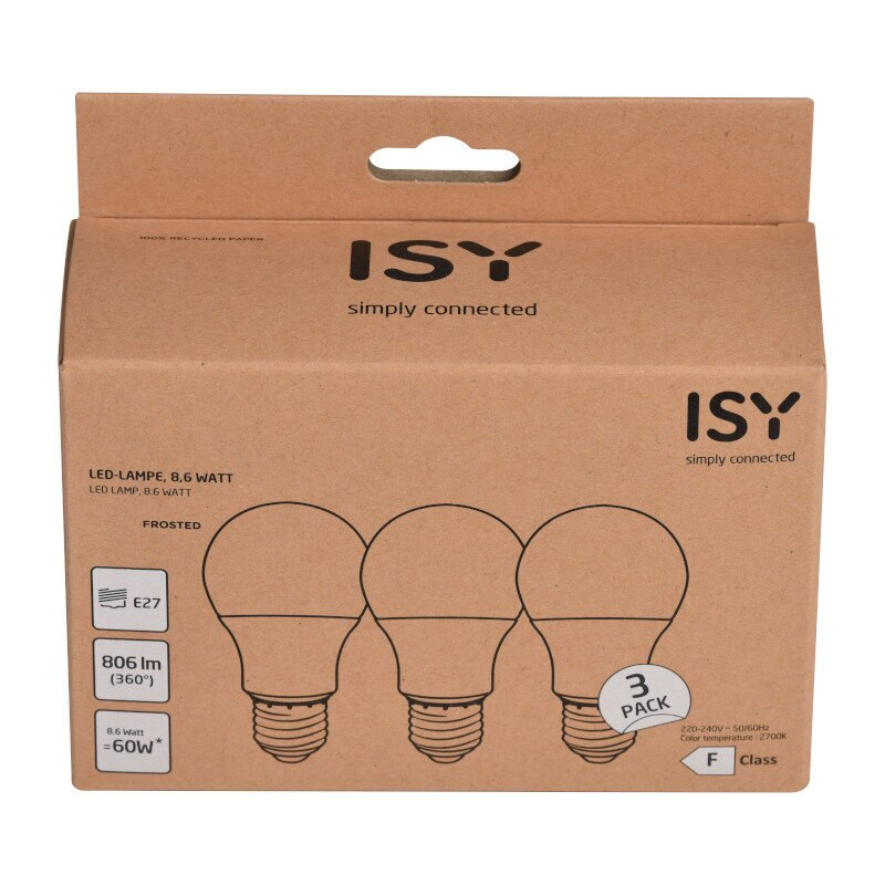 Kartonowe pudełko z trzema żarówkami i logo ISY.