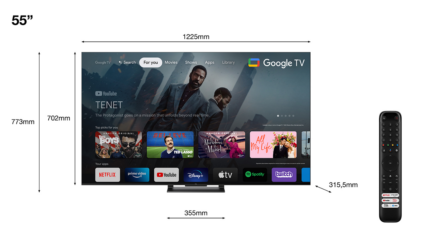 Un televisor de 55 pulgadas que muestra la interfaz de Google TV con un control remoto a la derecha.