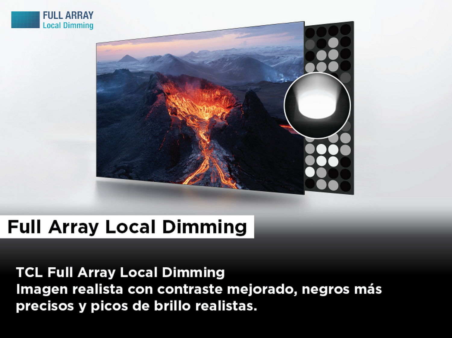 Pantalla de TV mostrando paisaje. Texto y gráfico Full Array Local Dimming.