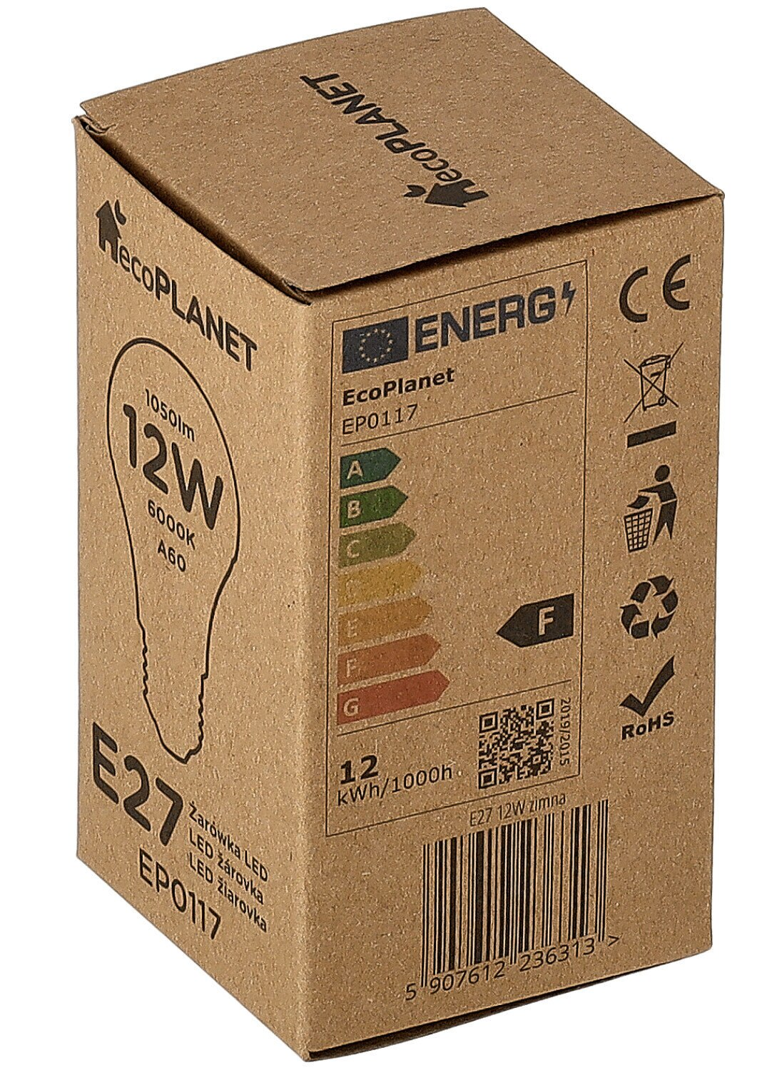 Brązowe kartonowe pudełko z ilustracją żarówki LED 12W i etykietą energetyczną.