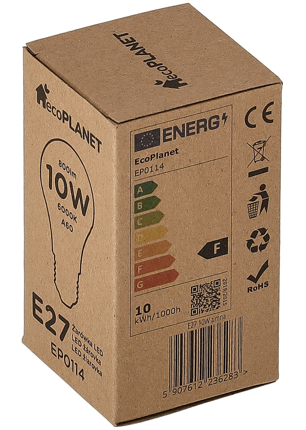 Kartoonowe pudełko ze zdjęciem żarówki, etykietą energetyczną i tekstem. EcoPlanet na górze.