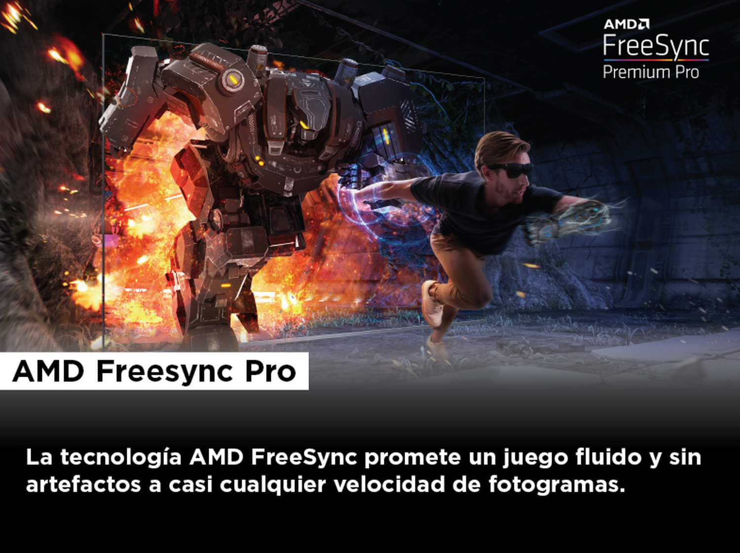 Hombre corriendo hacia un robot, fondo de fuego, logo AMD FreeSync Pro.