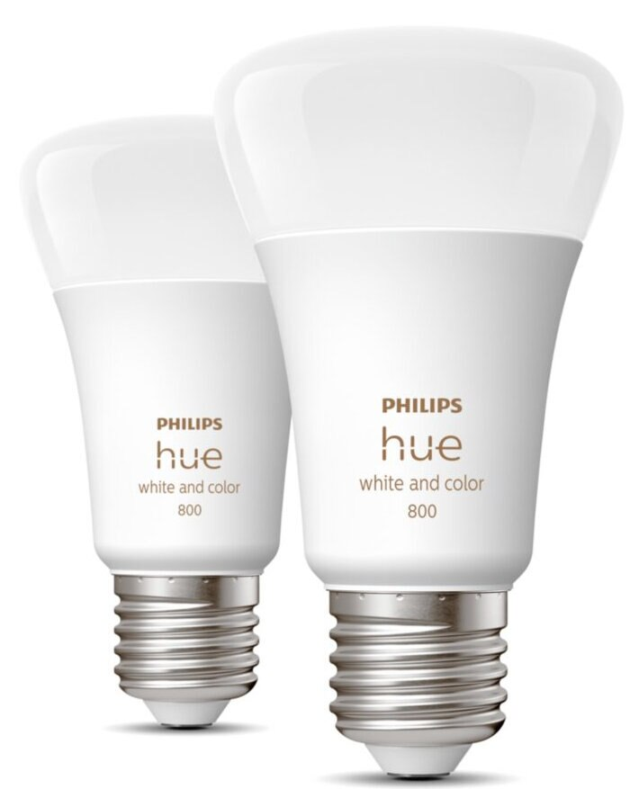 Dwie białe żarówki Philips Hue. Jest na nich napisane biały i kolor 800.