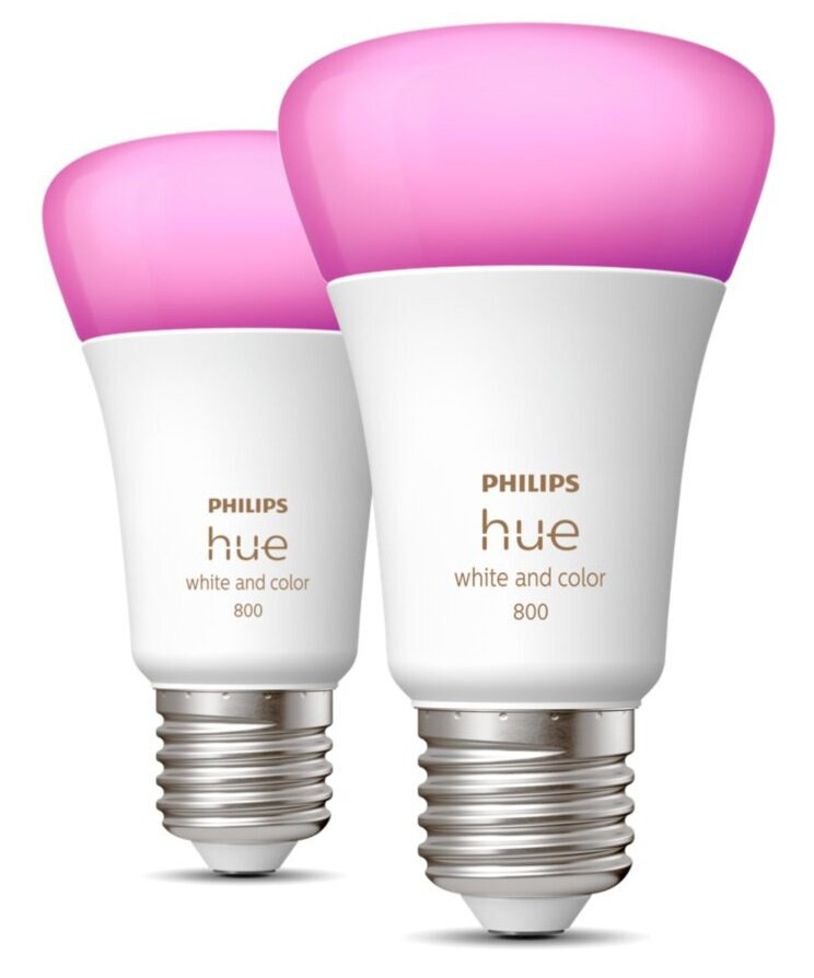 Dwie żarówki Philips Hue, biały korpus, różowy wierzch, z logo i marką.