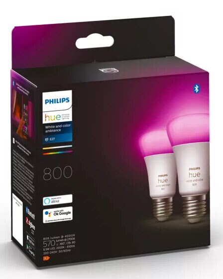 Żarówki Philips Hue w pudełku, z kolorowymi opcjami oświetlenia.