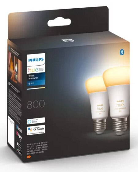 Pudełko z dwiema inteligentnymi żarówkami Philips Hue. Pudełko pokazuje szczegóły produktu i markę.