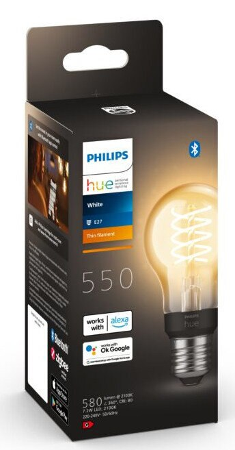 Zapakowana żarówka Philips Hue, E27, z widocznym żarnikiem. Szczegóły produktu na opakowaniu.