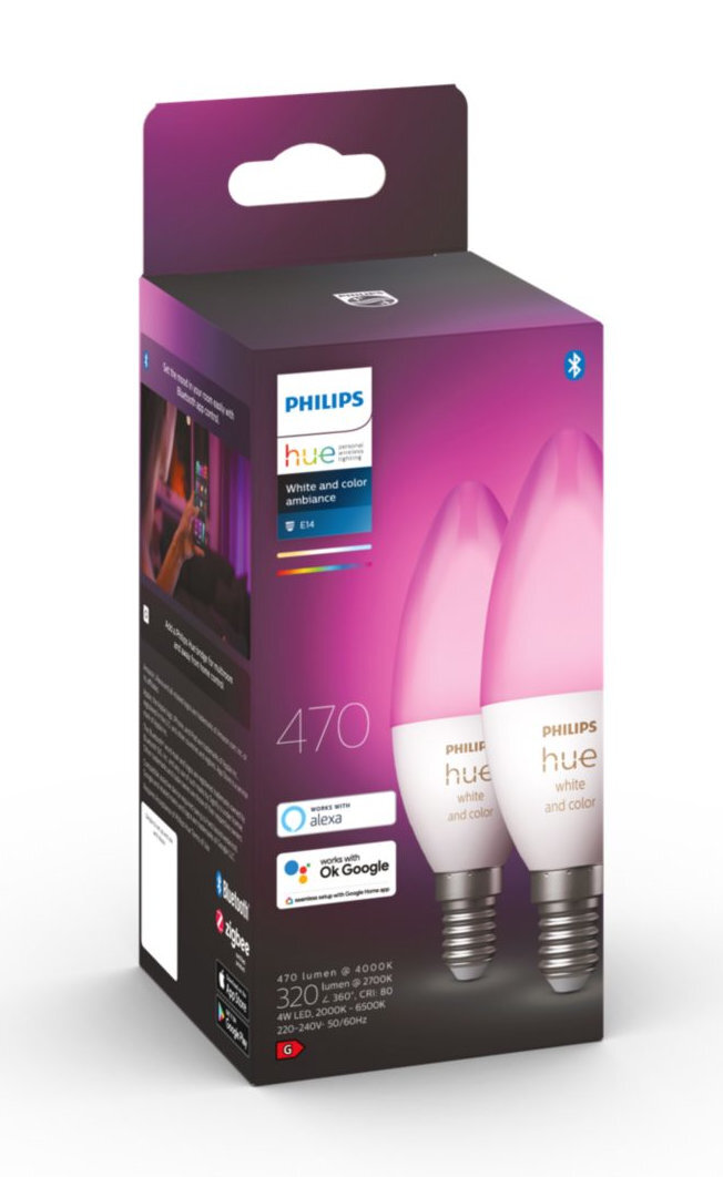 Pudełko z inteligentnymi żarówkami Philips Hue. Widoczne są dwie różowo podświetlone żarówki.