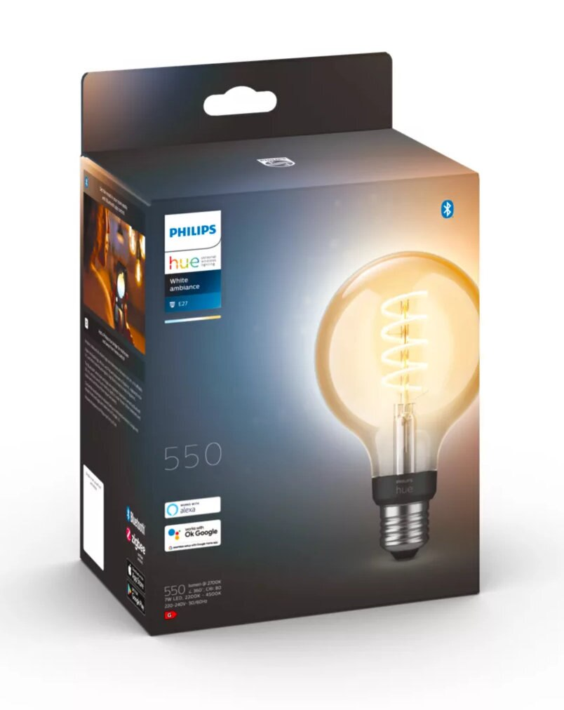 Zapakowana żarówka Philips Hue. Żarówka jest włączona. Pudełko jest opisane informacjami o produkcie.