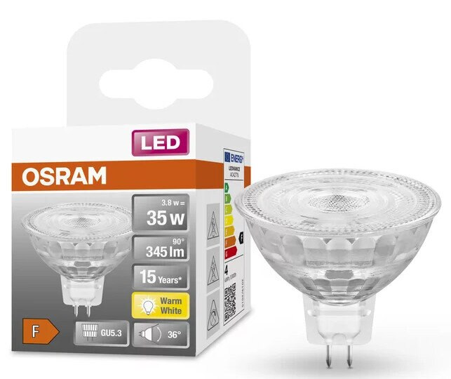 Pudełko żarówki LED Osram. Pudełko i żarówka są widoczne.