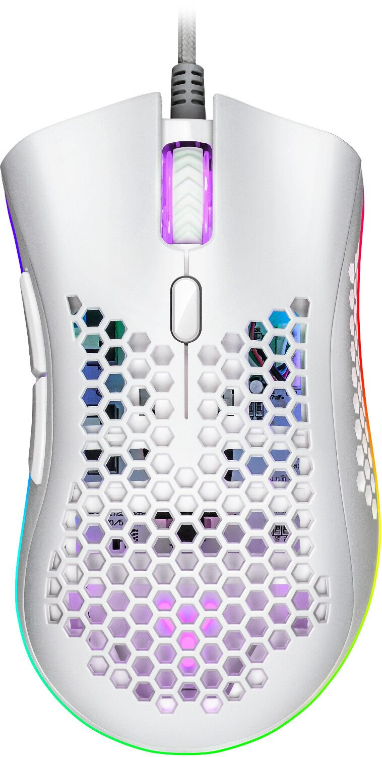Biała mysz do gier z konstrukcją plastra miodu. Ma podświetlenie RGB na krawędziach i na rolce.