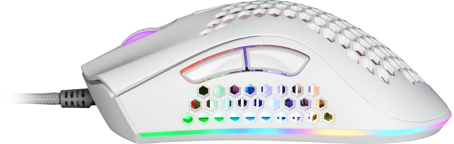 Biała mysz gamingowa z wzorem plastra miodu, kolorowymi akcentami i plecionym kablem.