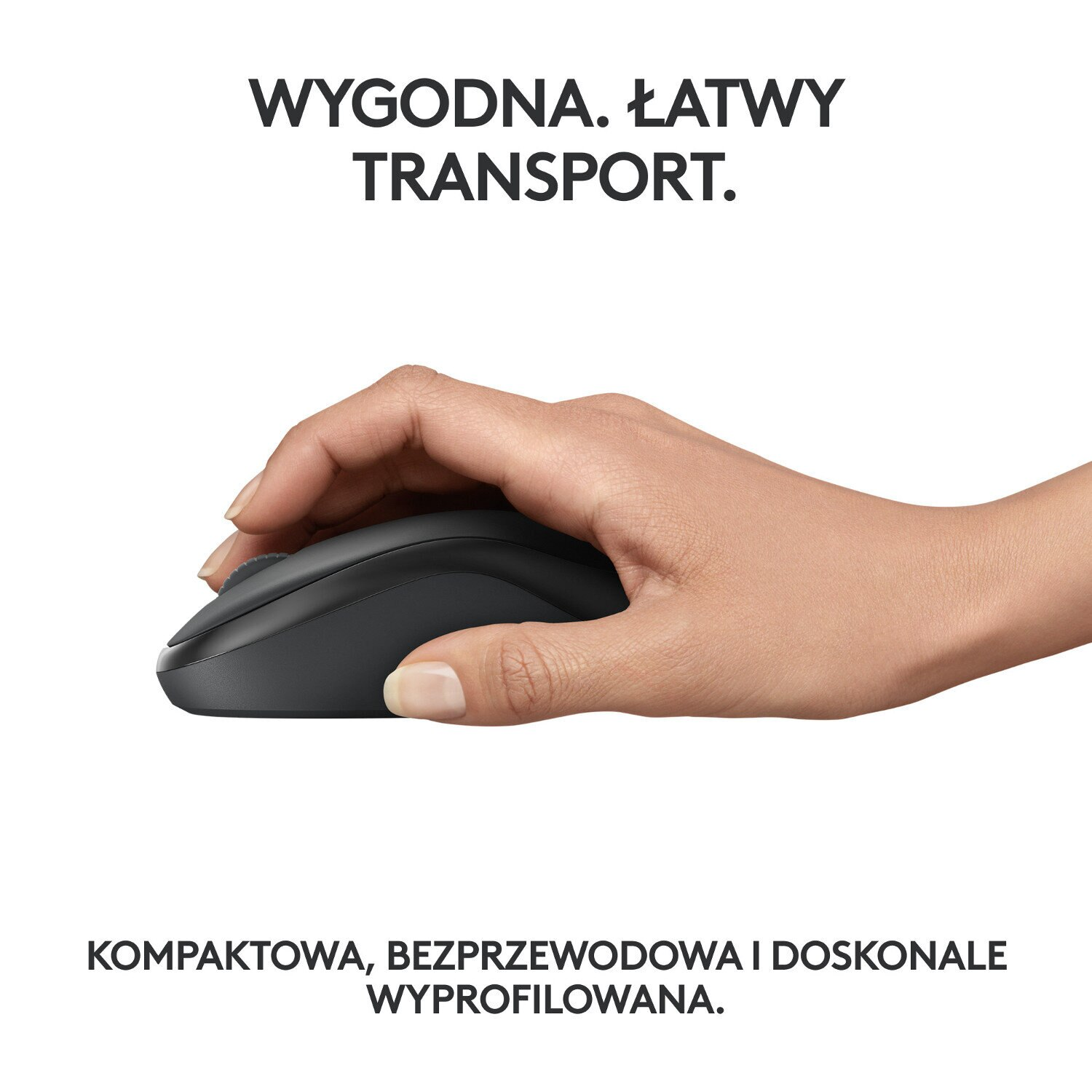 Dłoń trzymająca mysz bezprzewodową, widok z boku. Tekst: Wygodna. Łatwy transport.