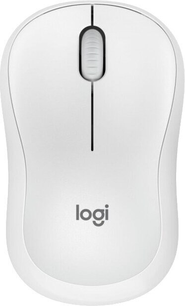 Biała mysz Logitech. Posiada kółko przewijania, czarną linię i logo. Tło jest białe.